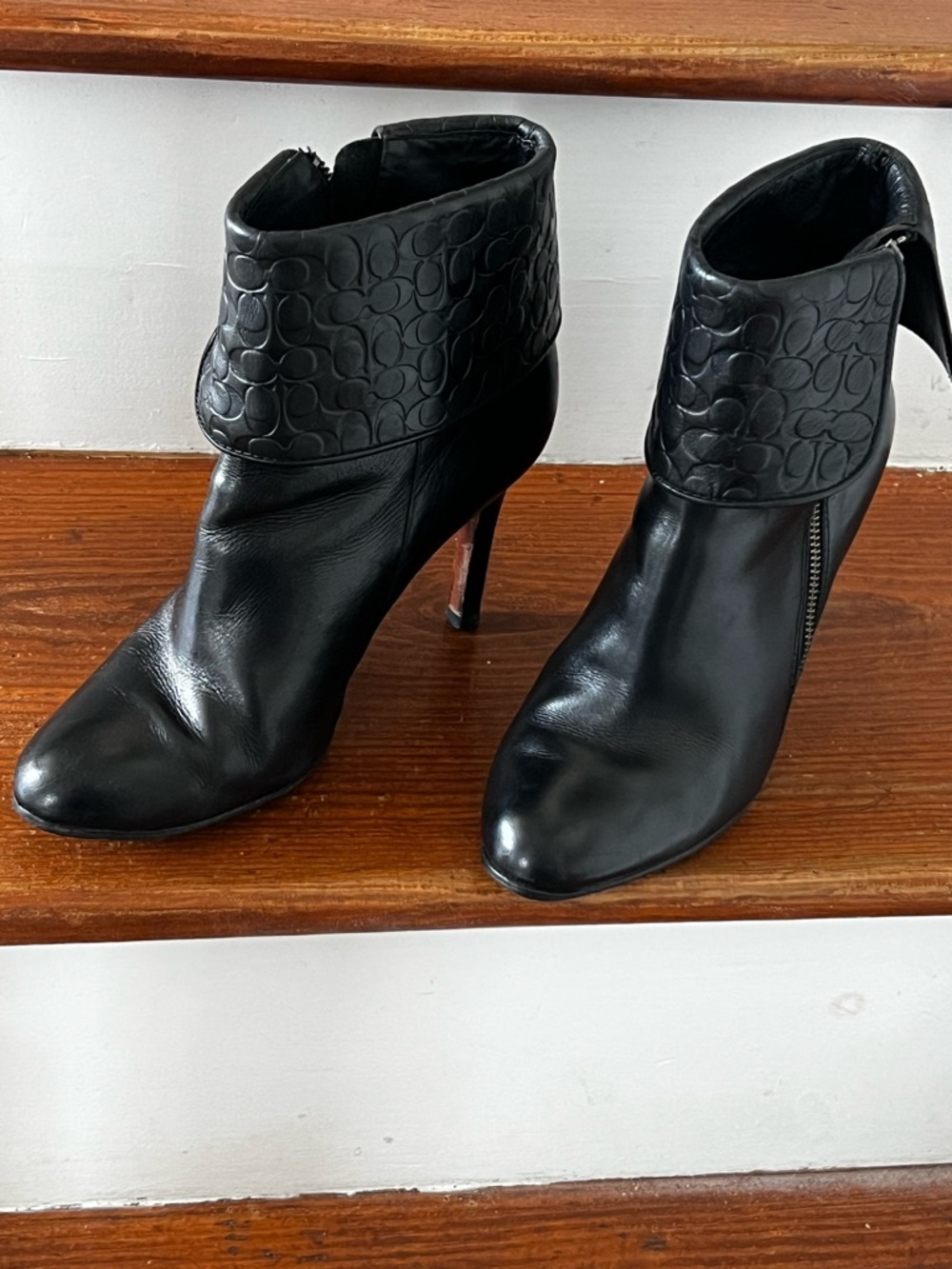 COACH Classic Black Women's Leather Ankle Booties with Signature-Textured Cuff